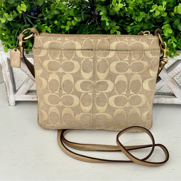 COACH Signature C's Gold Metallic Triple Zipper Crossbody Bag / Handbag - Picture 3 of 7
